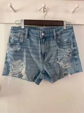 American Eagle mid-rise Stretch Light Blue Ripped Denim Jean Shorts.
